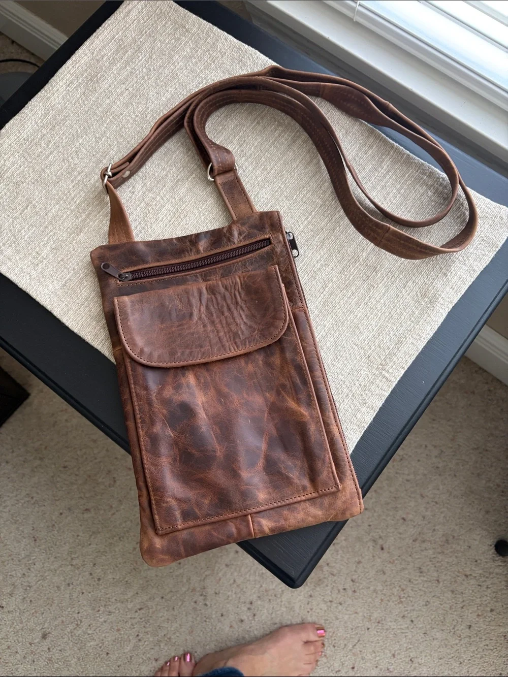 Men's Brown Leather Messenger Sling Bag with Front Pocket NWOT